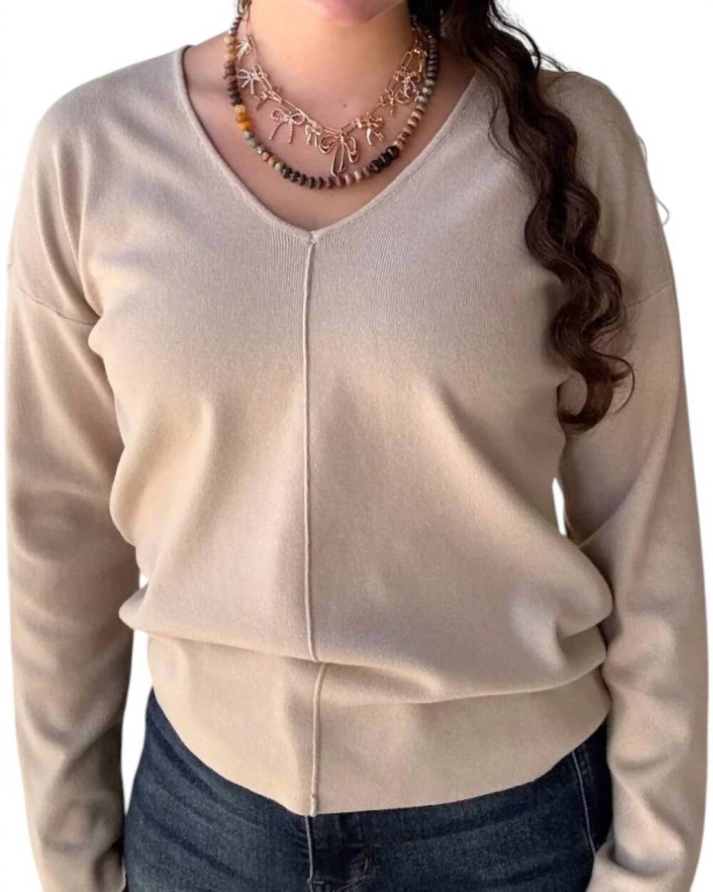 NEW BLU PEPPER monique v-neck front seam sweater in oatmeal